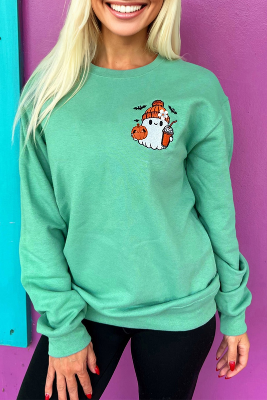 Aruba Blue Halloween Ghost Embroidered Casual Sweatshirt