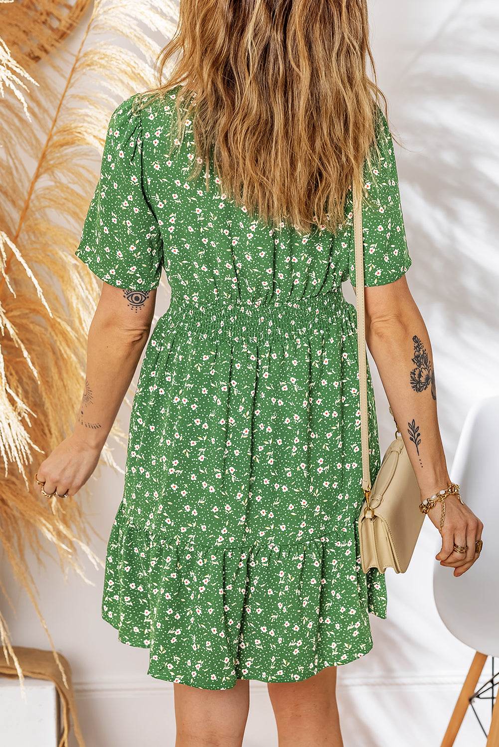 Boho Floral V Neck Smocked Waist Mini Dress