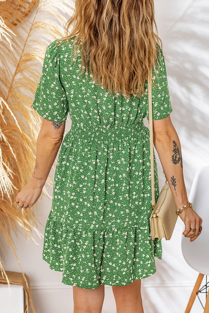 Boho Floral V Neck Smocked Waist Mini Dress