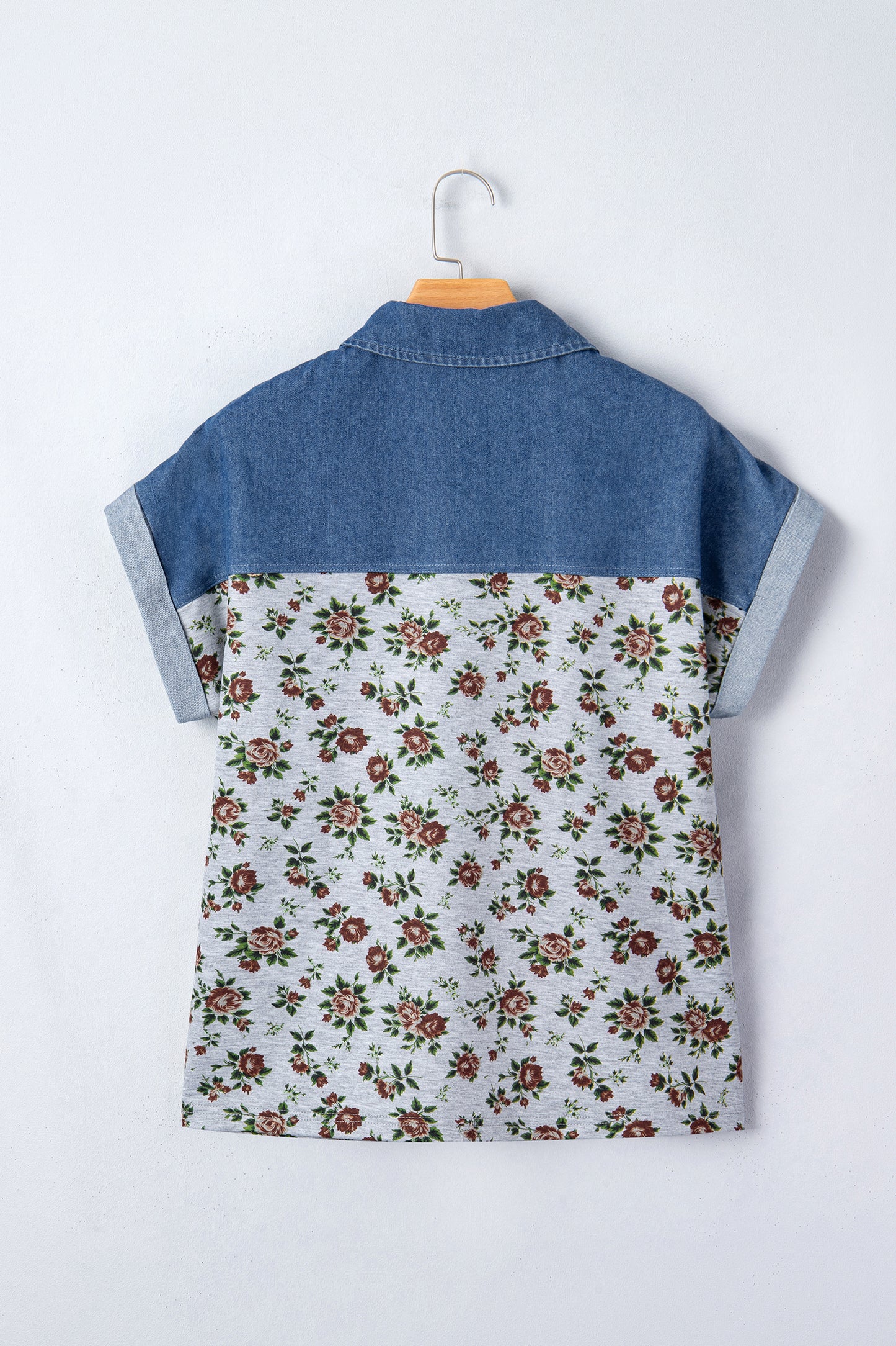 Floral Color Block Polo Henley Button Casual Top