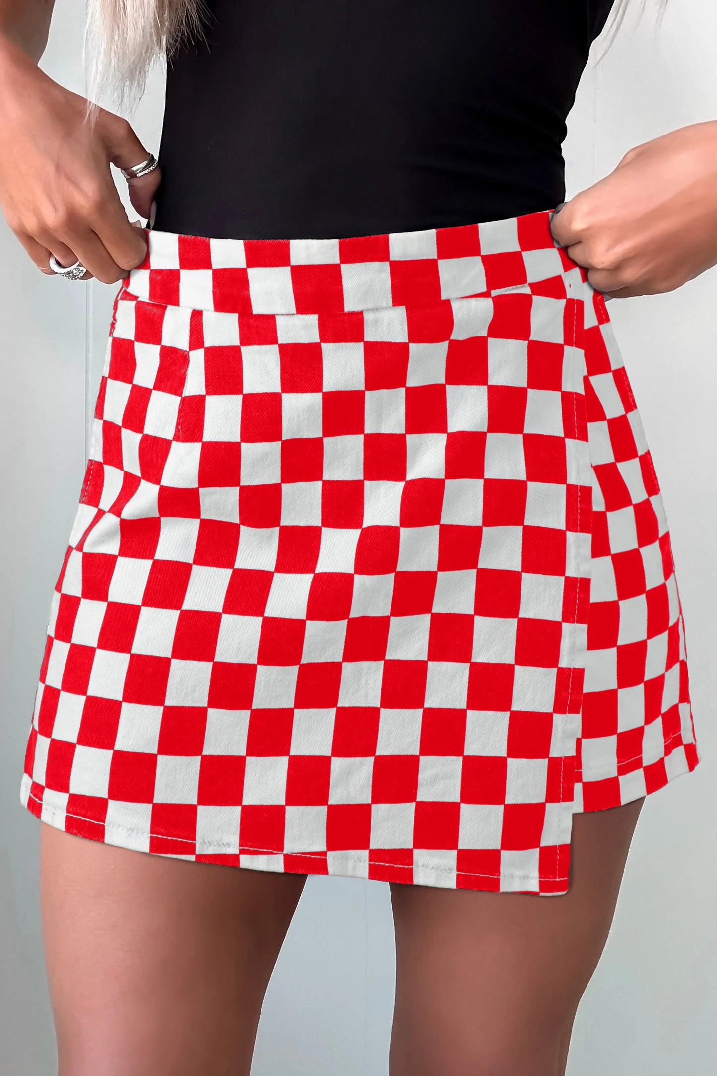 Checkered Print Overlap Denim Skort Mini Shorts