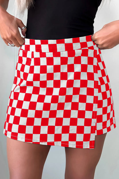 Checkered Print Overlap Denim Skort Mini Shorts