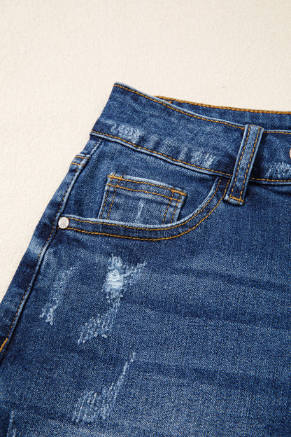 Sail Blue High-Waist Distressed Raw Hem Denim Shorts