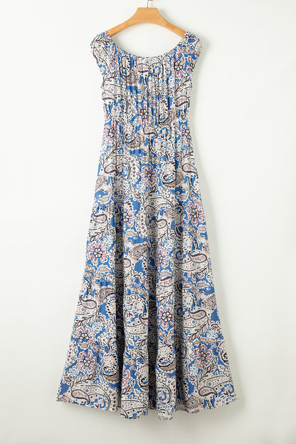 Blue Boho Paisley Off Shoulder Smocked Maxi Dress