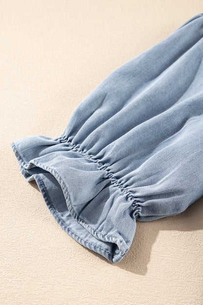 Light Wash Chambray Puff Sleeve Button Up Shirt