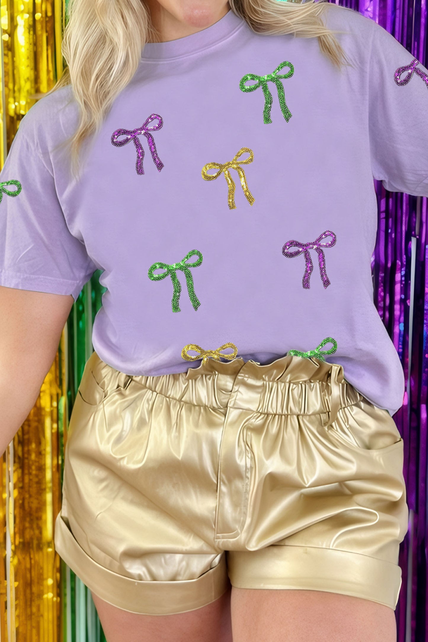 Mardi Gras Wisteria Sequin Bow Graphic Crewneck Tee