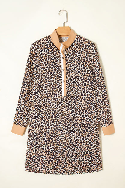 Multicolour Button Striped Collar Leopard Print Long Sleeve Flared Dress