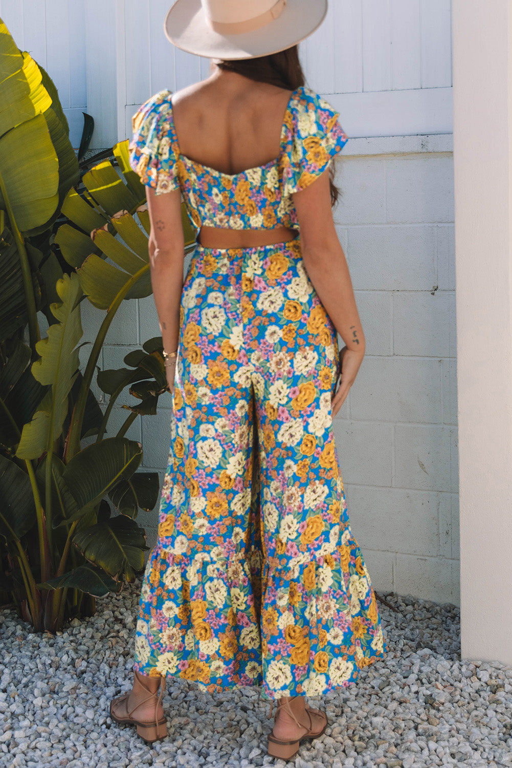 Floral Wide Leg Jumpsuit Cutout High Waist Boho Style