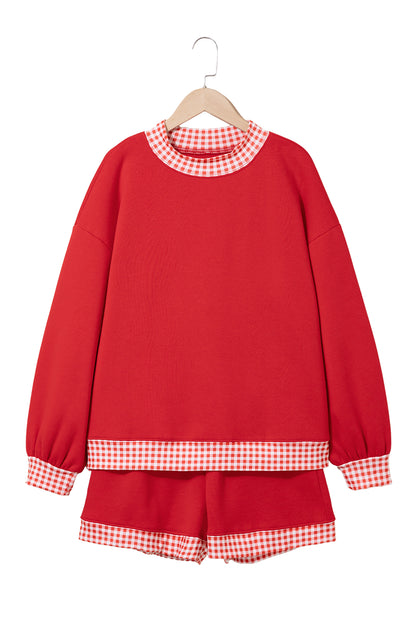 Red Gingham Trim Sweatshirt Shorts Two Piece Set
