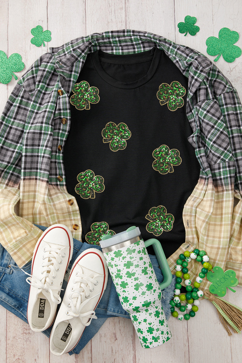 Black Sequin Clover Patch St Patrick's Day Tee