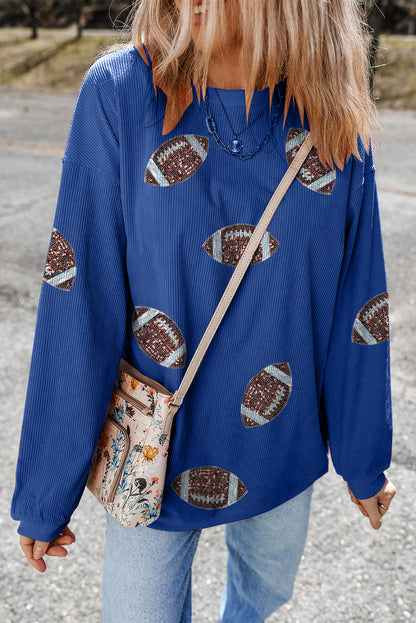Dark Blue Game Day Sequin Football Patch Ribbed Sweatshirt