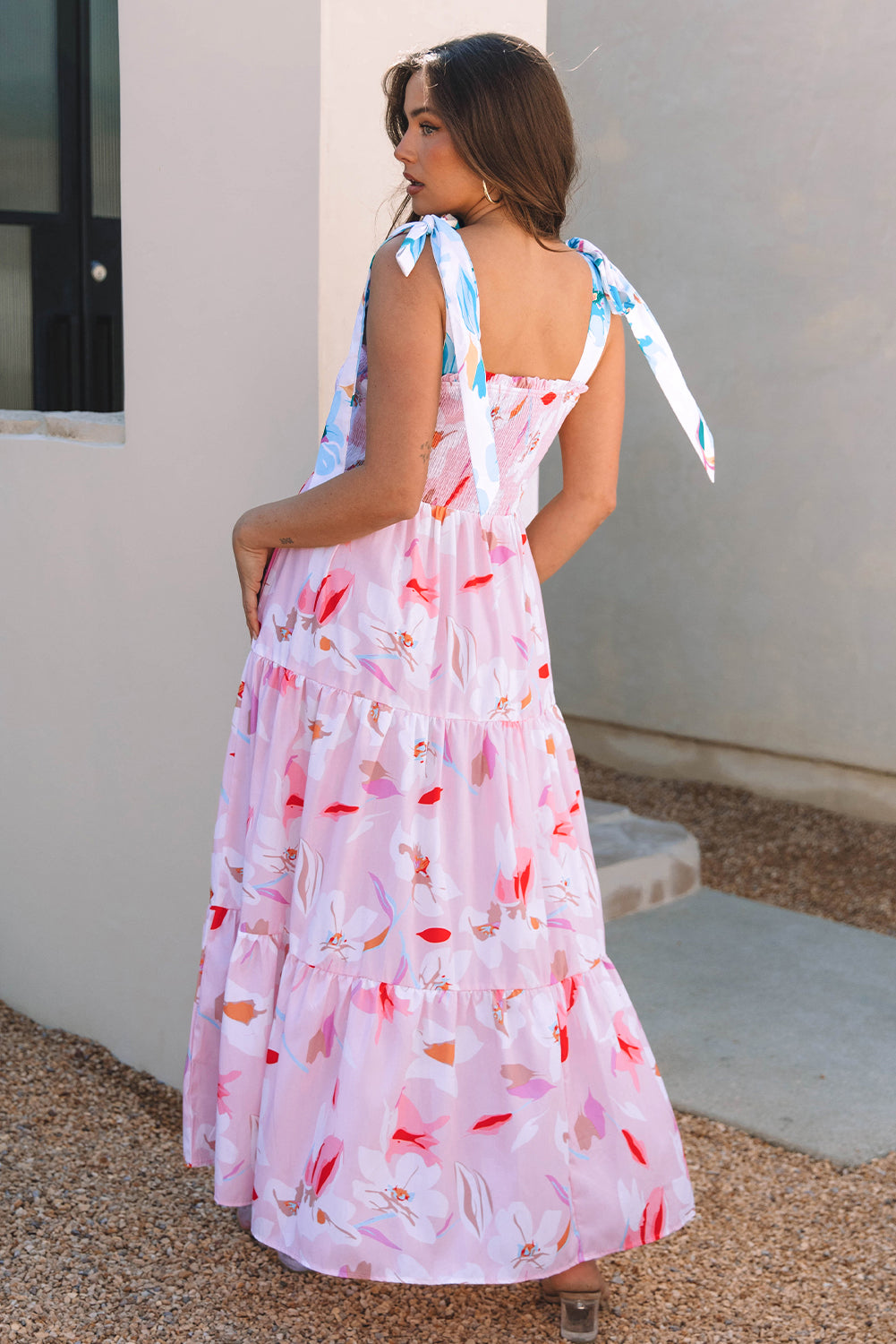 Pink Floral Smocked Maxi Dress Tie Shoulder Flowy