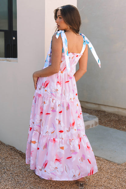 Pink Floral Smocked Maxi Dress Tie Shoulder Flowy