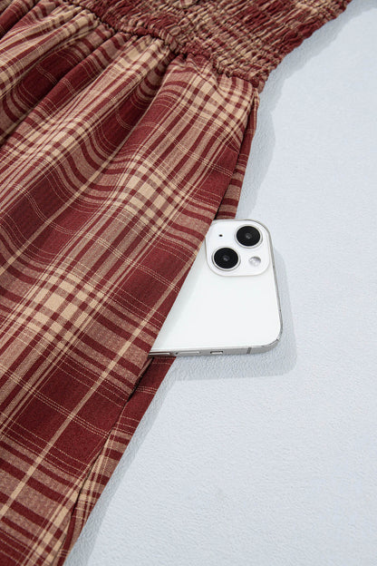 Western Plaid Puff Sleeve Midi Dress Tie Front