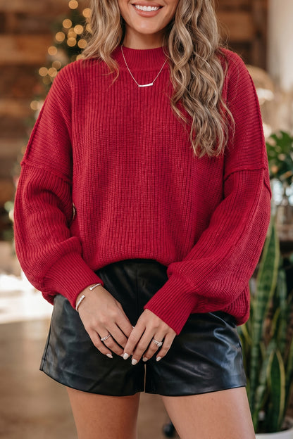 Orchid Purple Mock Neck Ribbed Knit Oversized Sweater Top
