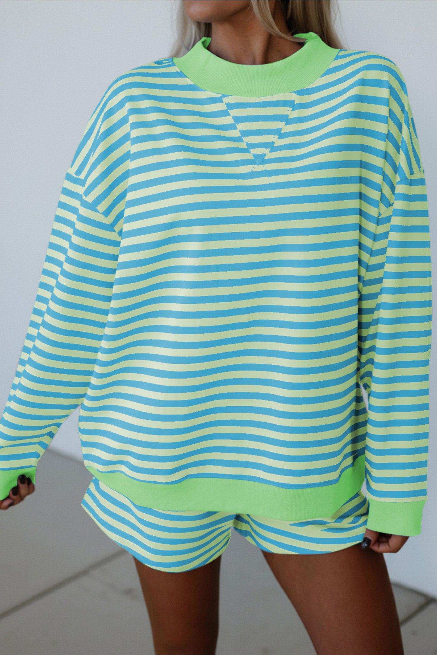 Striped Long Sleeve Pullover and Shorts Lounge Set