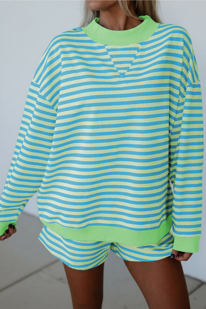 Striped Long Sleeve Pullover and Shorts Lounge Set