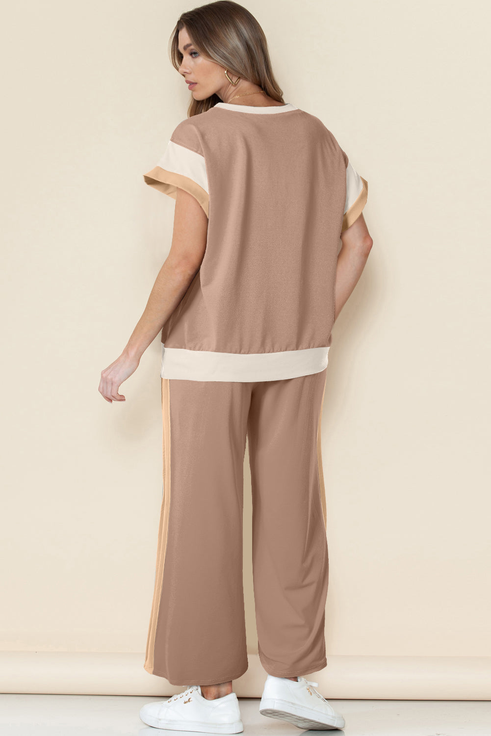 Navy Color Block Lounge Set Wide Leg Pants 2 Piece