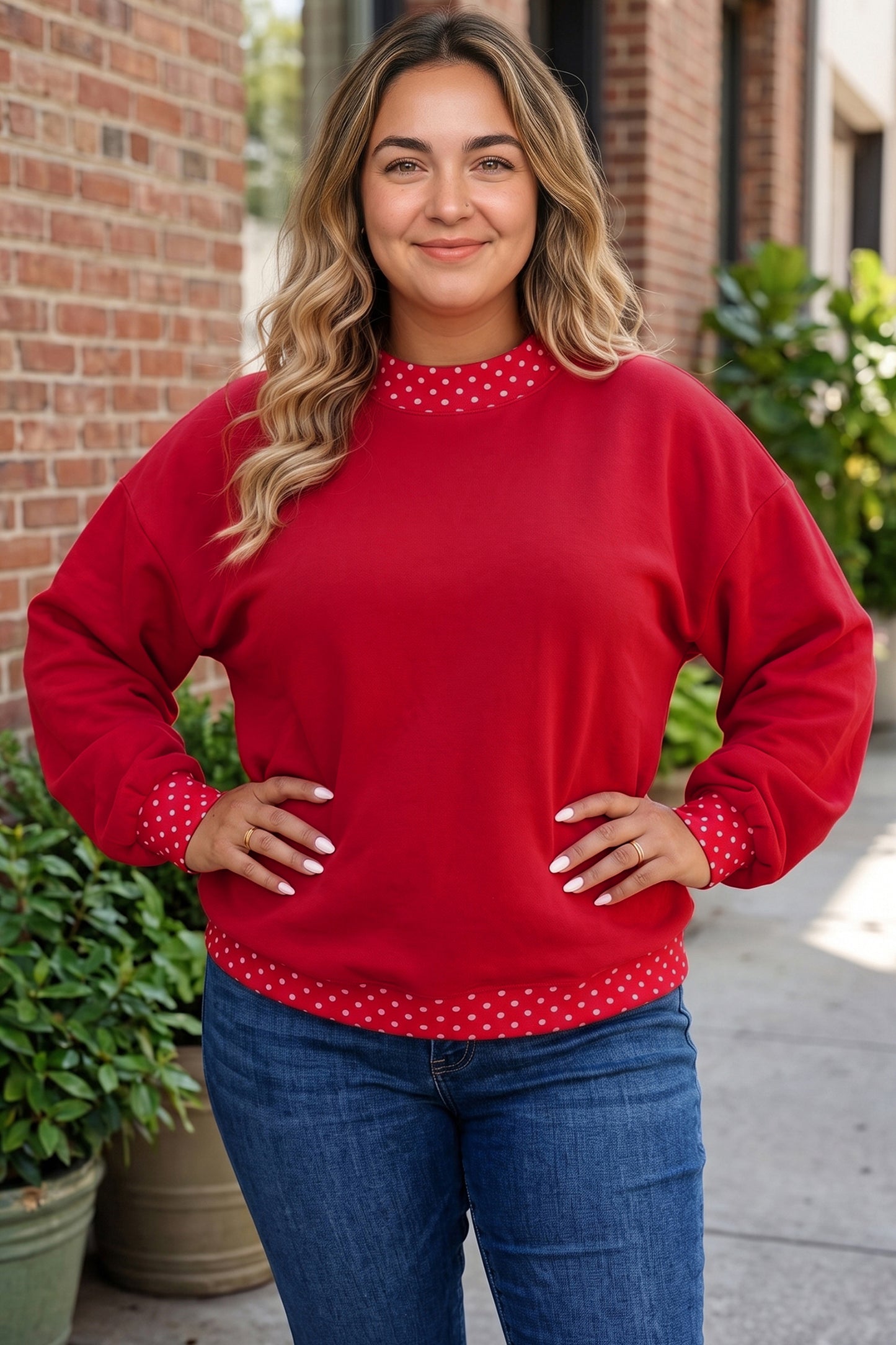 Polka Dot Trim Plus Size Crew Neck Tunic Sweatshirt