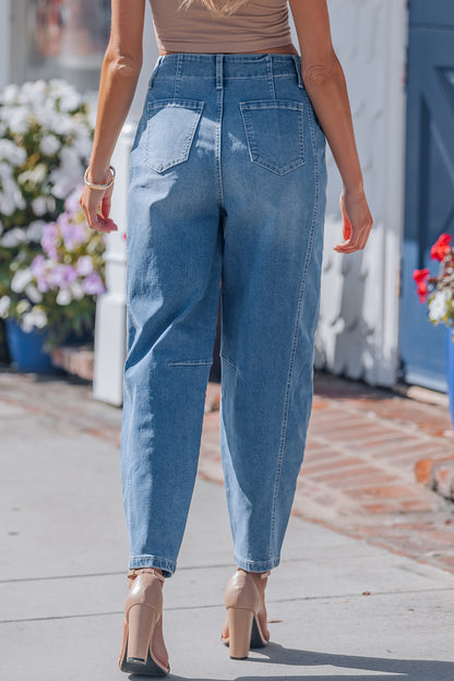 High Rise Seamed Cuffed Barrel Leg Jeans