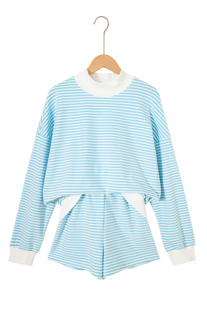 Pink Stripe Oversized Mock Neck Sweatshirt Shorts Set