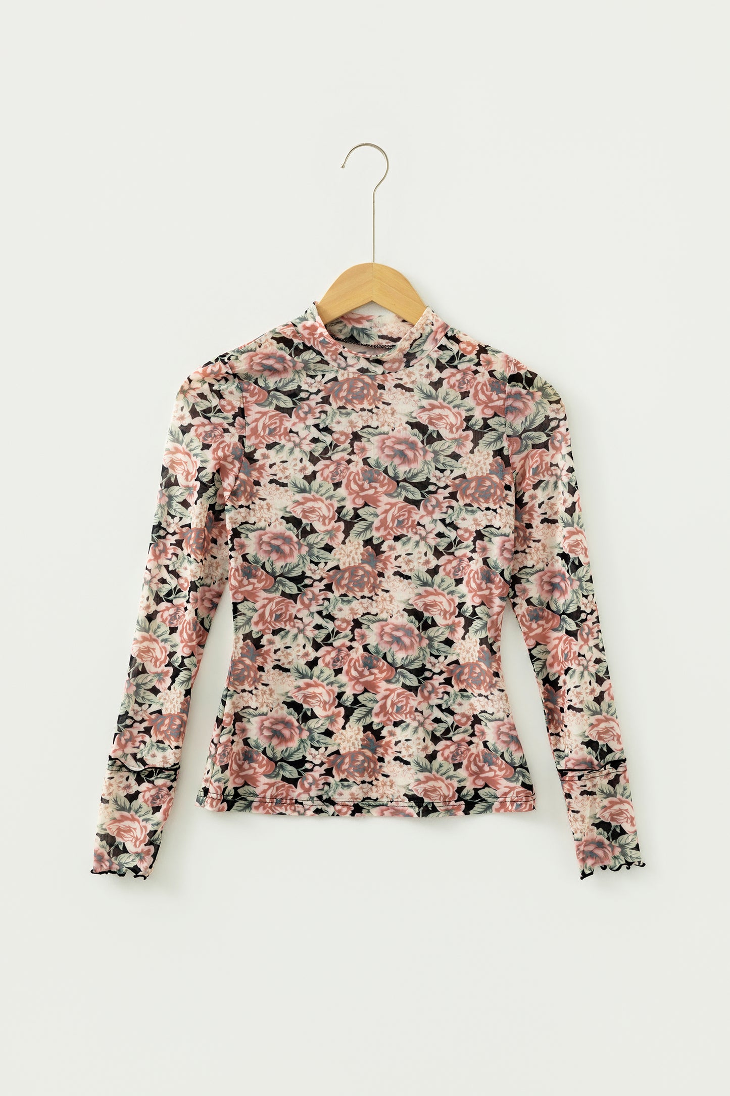 Vintage Floral Mesh Long Sleeve Mock Neck Slim Fit Top