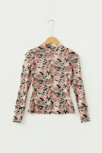 Vintage Floral Mesh Long Sleeve Mock Neck Slim Fit Top