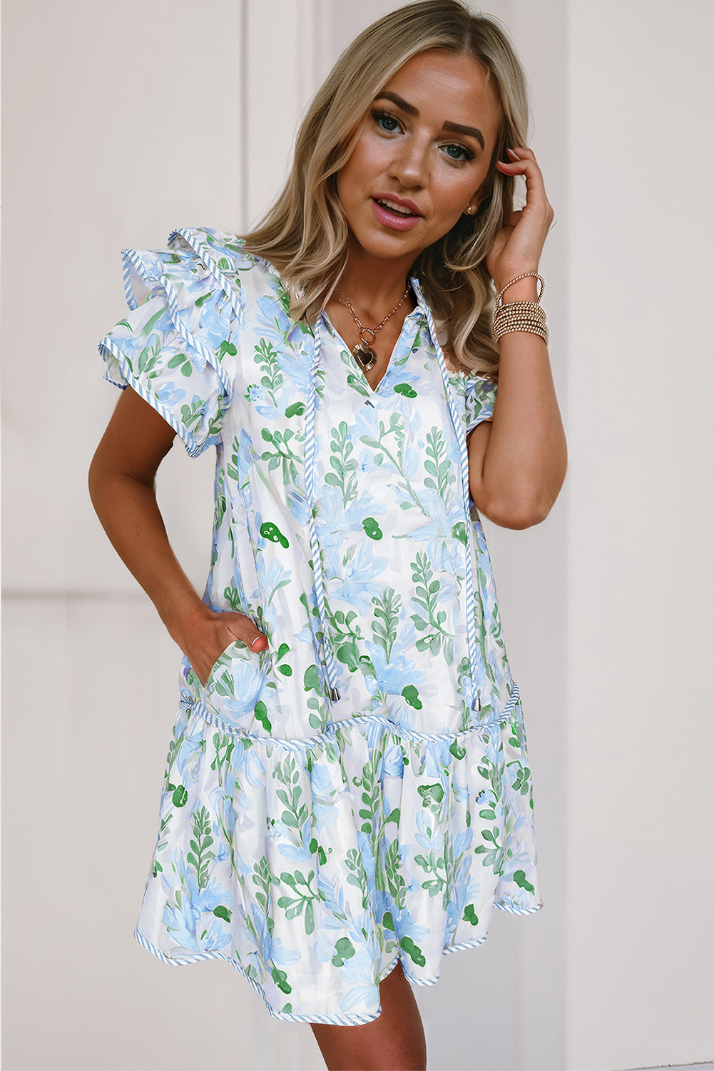 Sky Blue Floral Ruffle Sleeve Tie Neck Mini Dress
