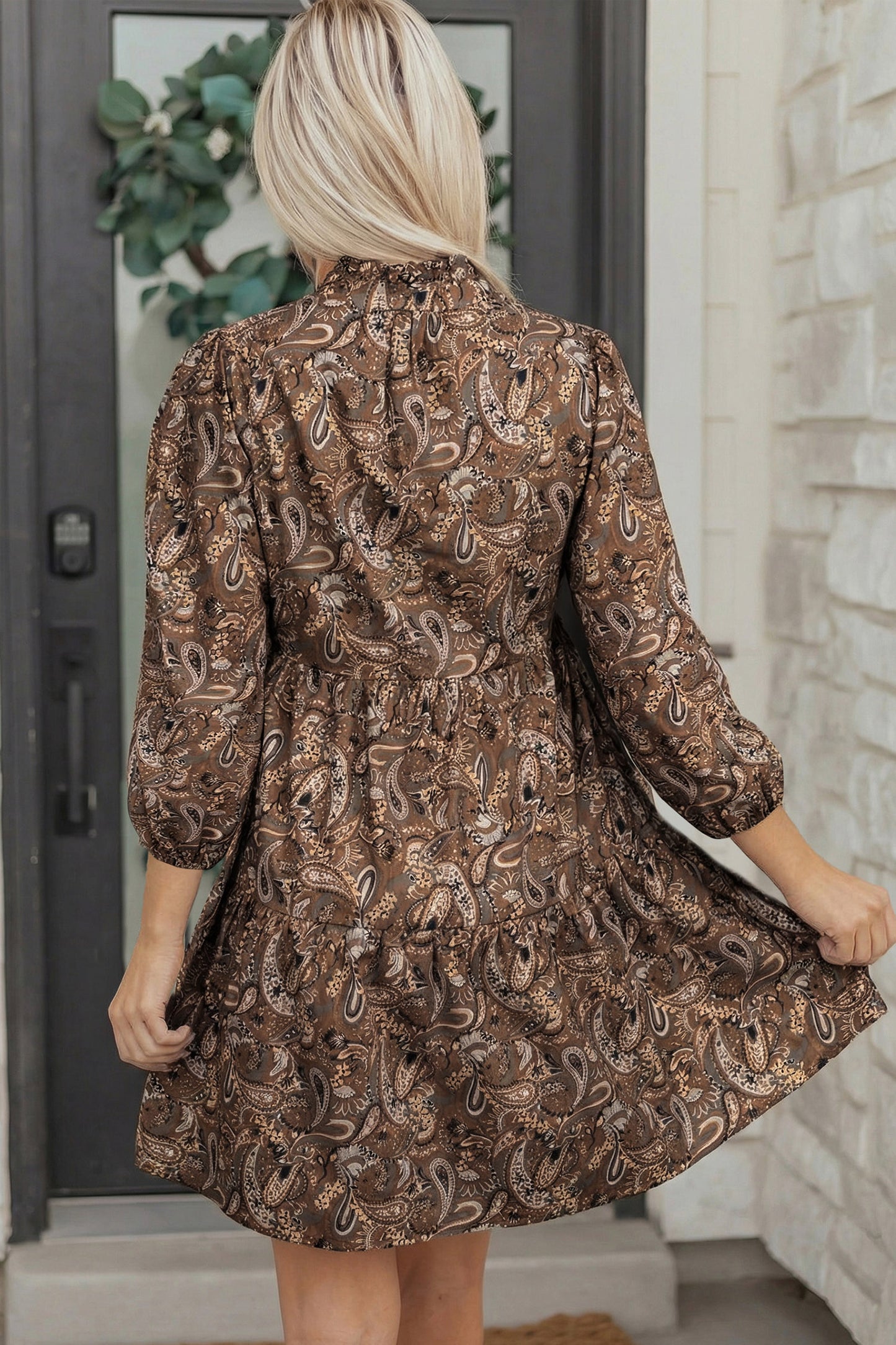 Paisley Print Mini Dress Women Puff Sleeve Casual Dress