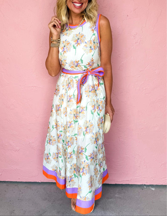 Floral Sleeveless Maxi Dress Women Belted Summer Casual