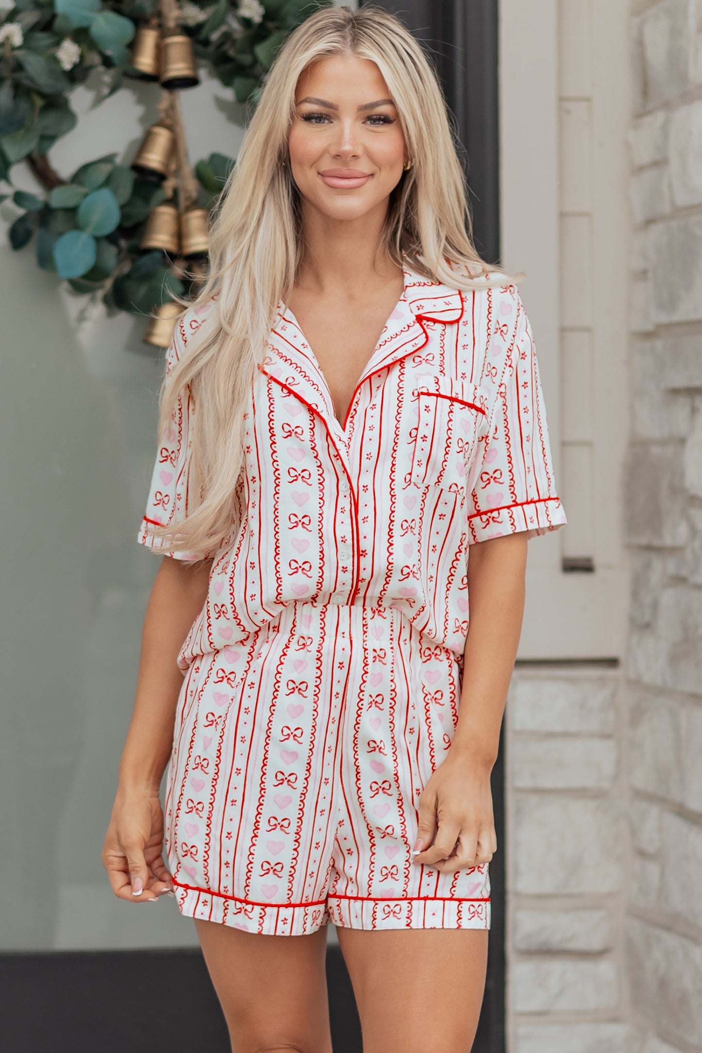 Valentines Heart Bow Print Ribbon Trim 2 Piece Pajama Set