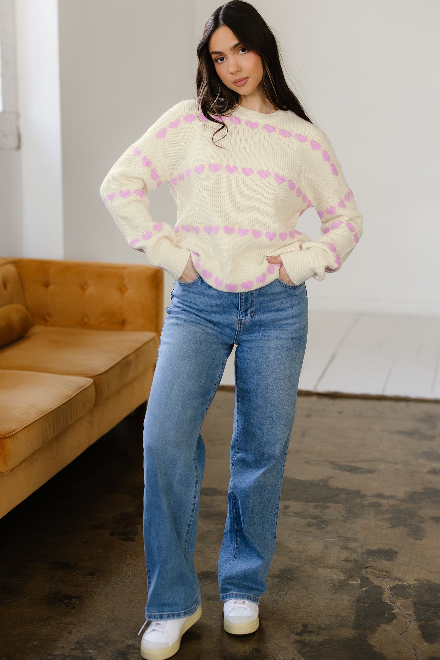 Cream Ribbed Knit Sweater with Pink Heart Pattern Valentine Top