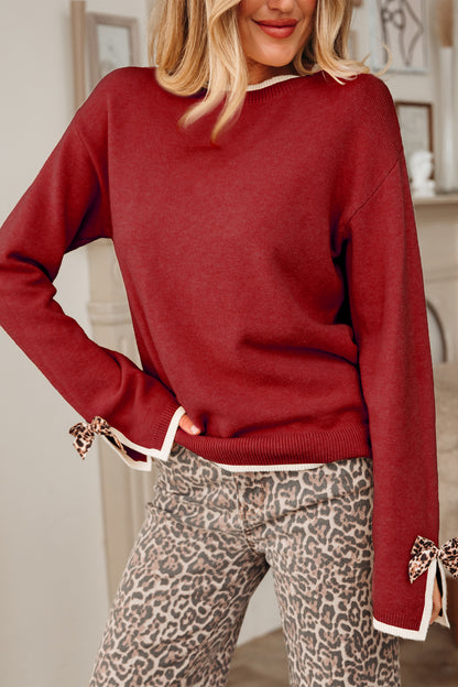 Leopard Bow Split Cuff Contrast Knit Sweater for Women