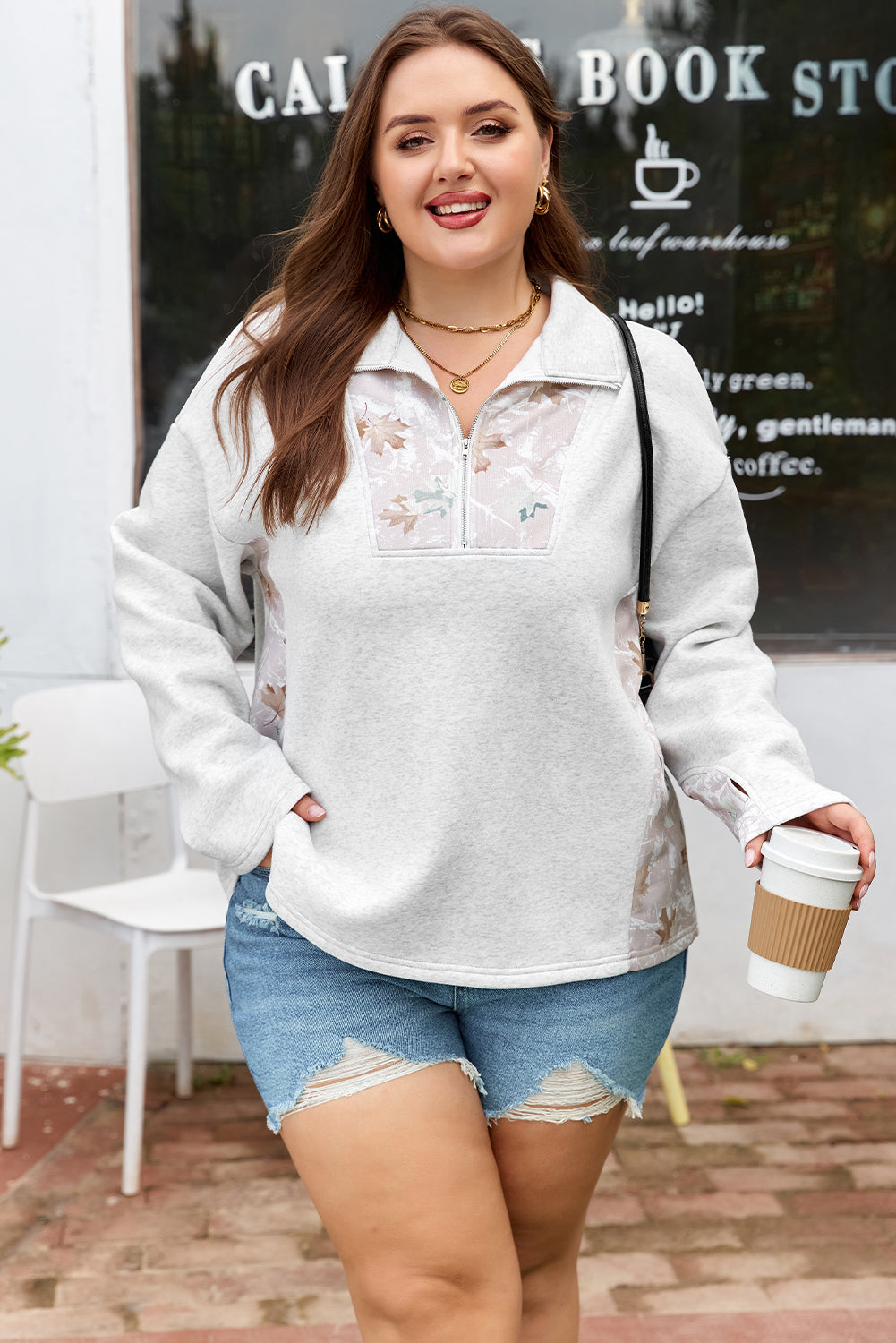 Plus Size Gray Half Zip Sweatshirt with Camo Leaf Patchwork