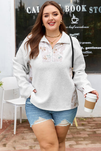 Plus Size Gray Half Zip Sweatshirt with Camo Leaf Patchwork