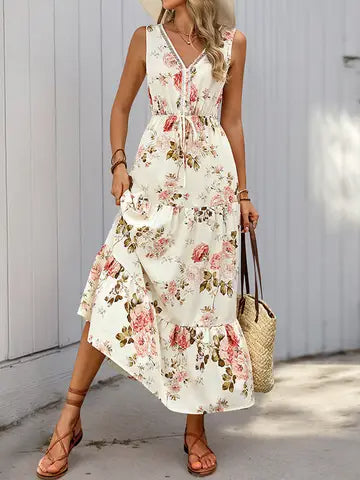 Floral V-Neck Sleeveless Maxi Dress with Tie Waist