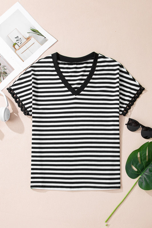 Black Stripe V Neck Lace Trim Casual Tee Top
