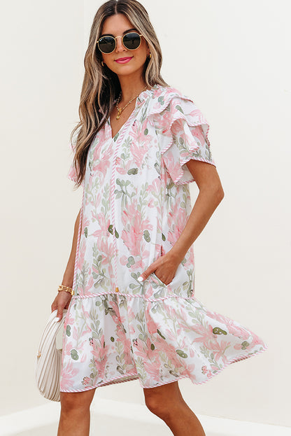 Sky Blue Floral Ruffle Sleeve Tie Neck Mini Dress