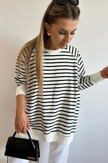 Black Stripe Raglan Sleeve Side Slits Loose Sweatshirt