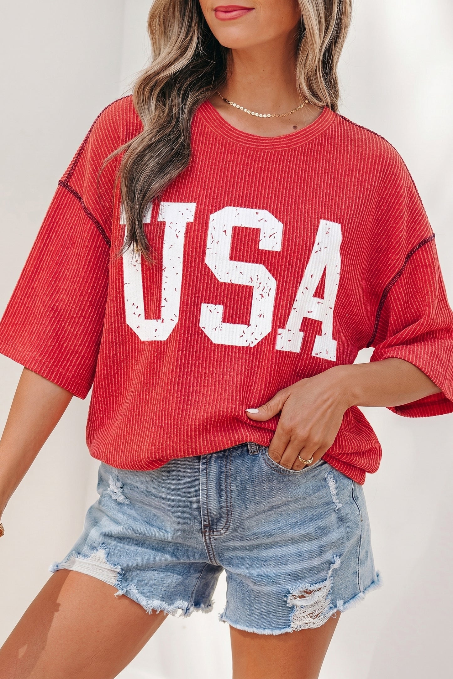 USA Ribbed Graphic Tee Loose Fit Flag Day July 4th