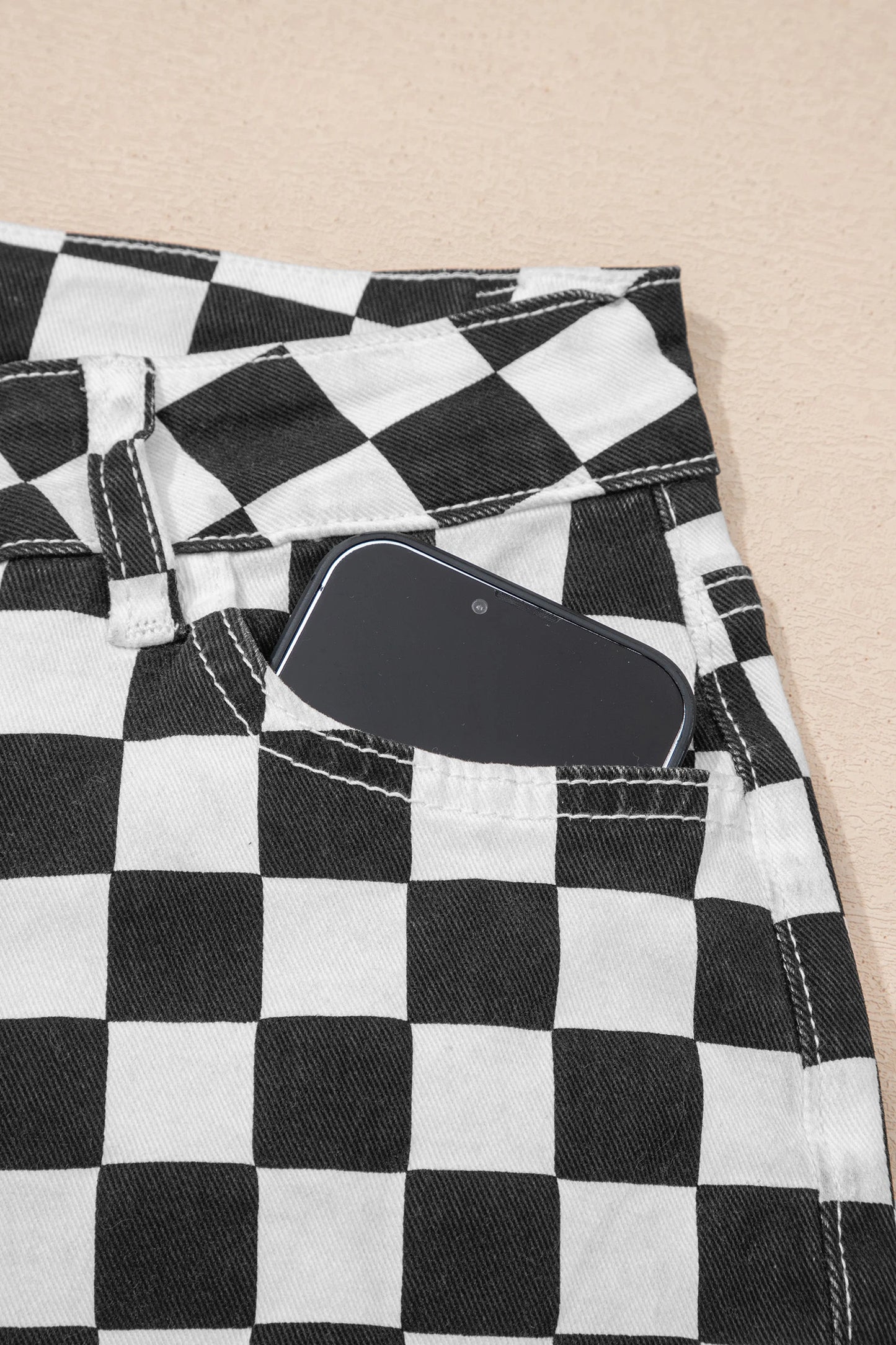 Checkerboard Distressed Cropped Jeans Raw Hem Pants