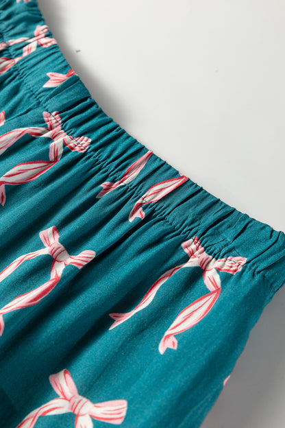 Green Bow Satin Pajama Set for Valentine Long Sleeve/Shorts