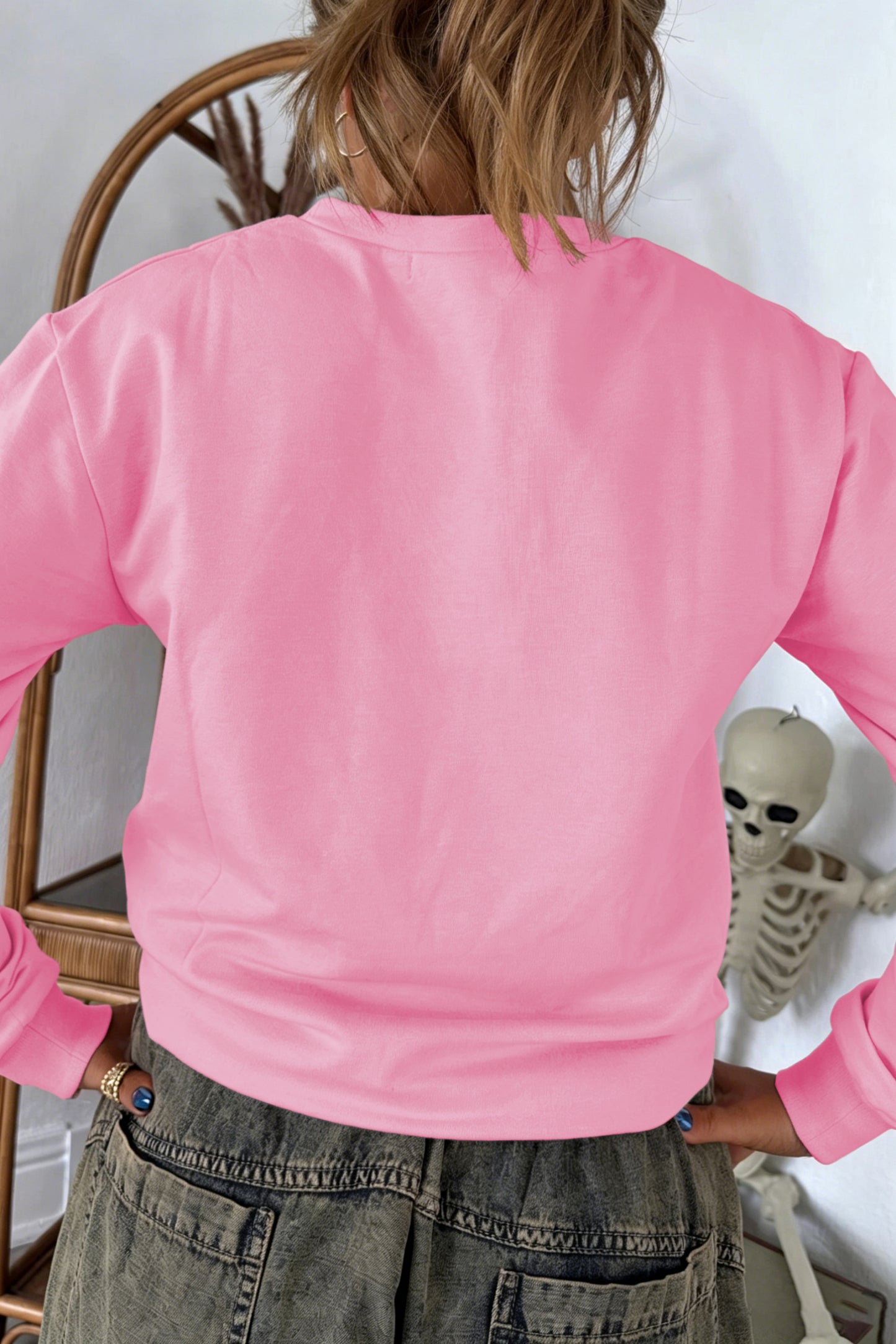 Pink Embroidered Pumpkin Halloween Crewneck Sweatshirt