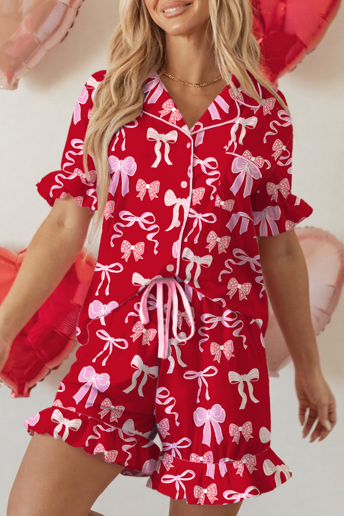 Valentine Red Bow Print Ruffle Pajama Shorts Set for Women