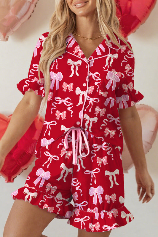 Valentine Red Bow Print Ruffle Pajama Shorts Set for Women