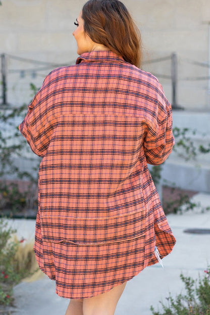 Plaid Long Sleeeve Side Split Distressed Hem Shirt