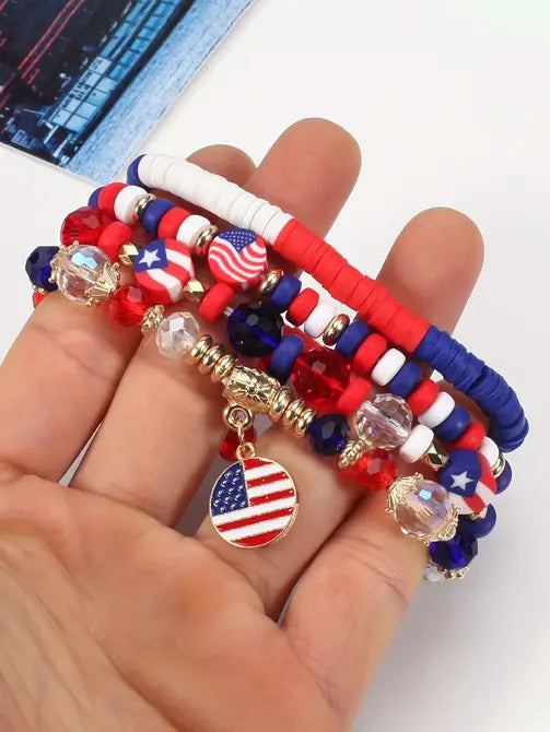 Red Patriotic Beaded Layered Bracelet Flag Day July 4th