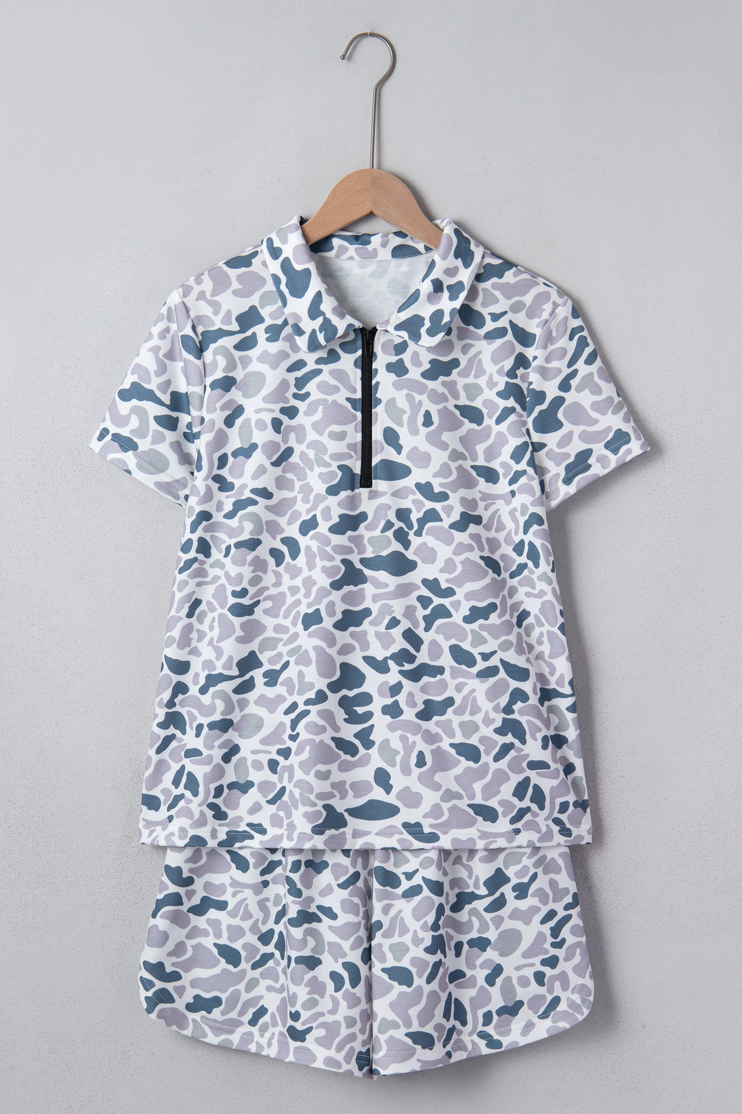 Abstract Print Zip Polo Top and Drawstring Shorts Set