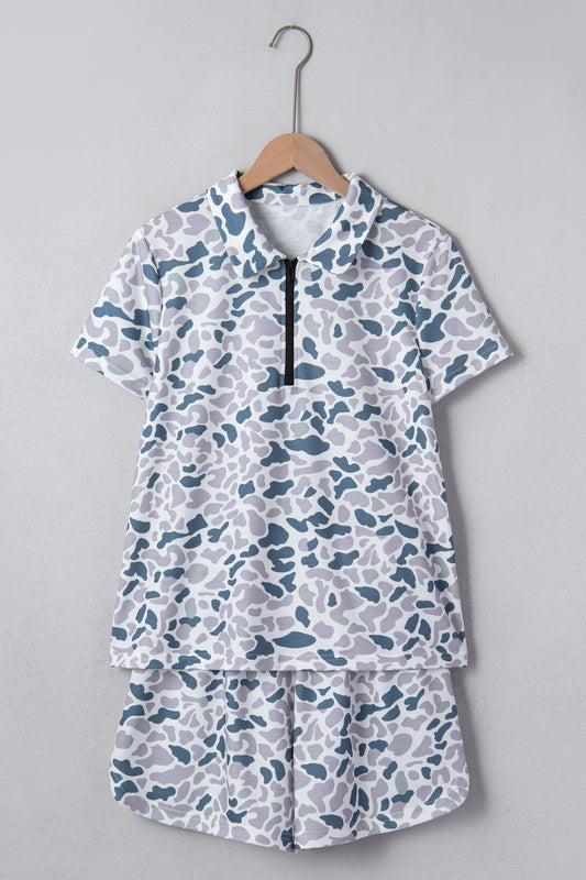 Abstract Print Zip Polo Top and Drawstring Shorts Set