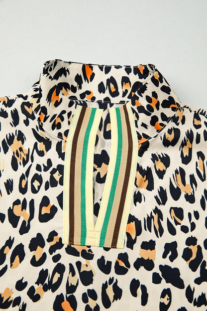 Khaki Leopard Color Block Stripe V Neck Loose Blouse